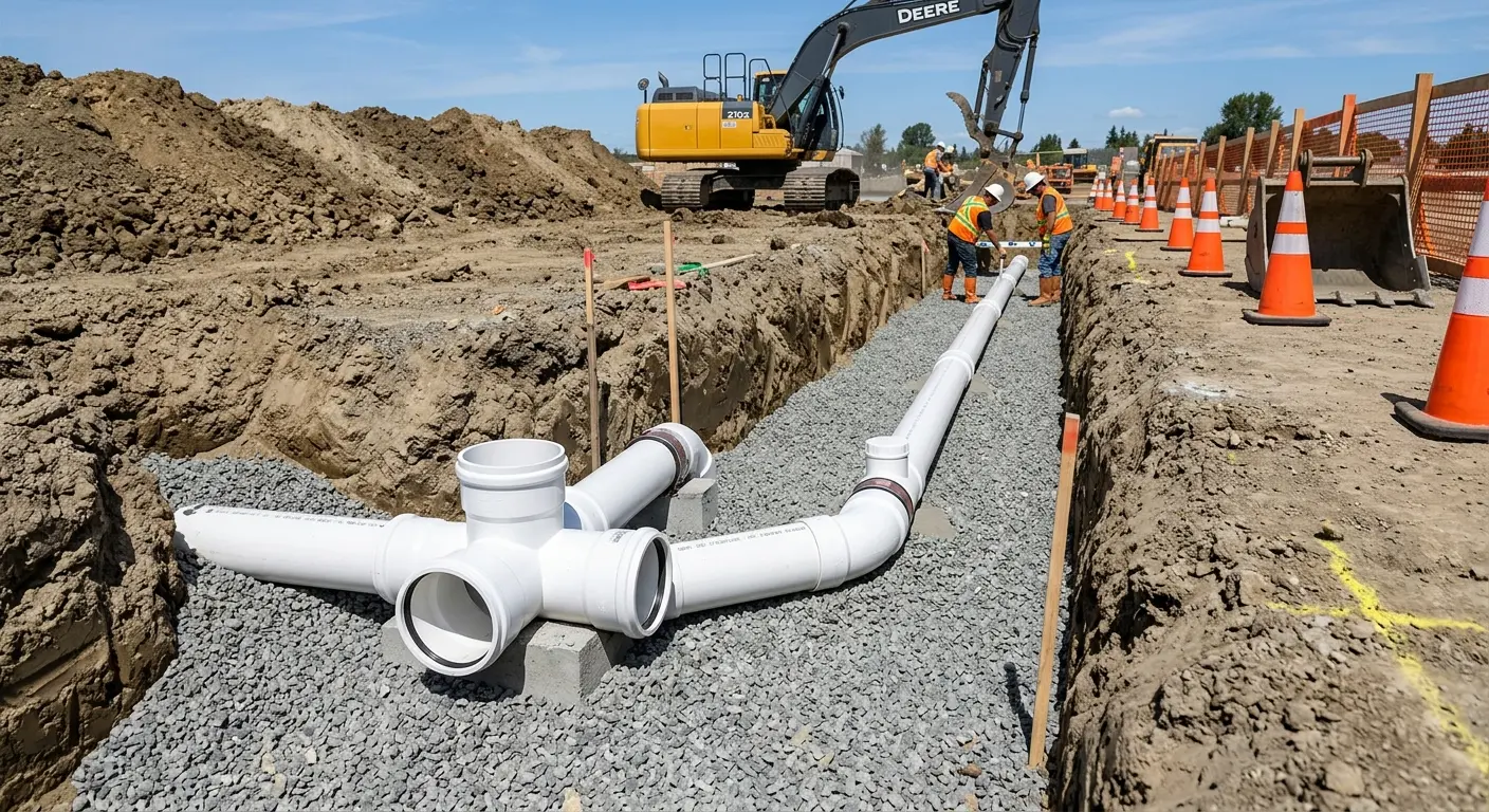 New PVC sewer pipe installation in open trench for Sewer Backup in Alice