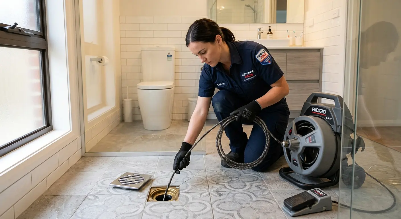 Technician clearing a bathroom floor drain for Drain Cleaning in Alice